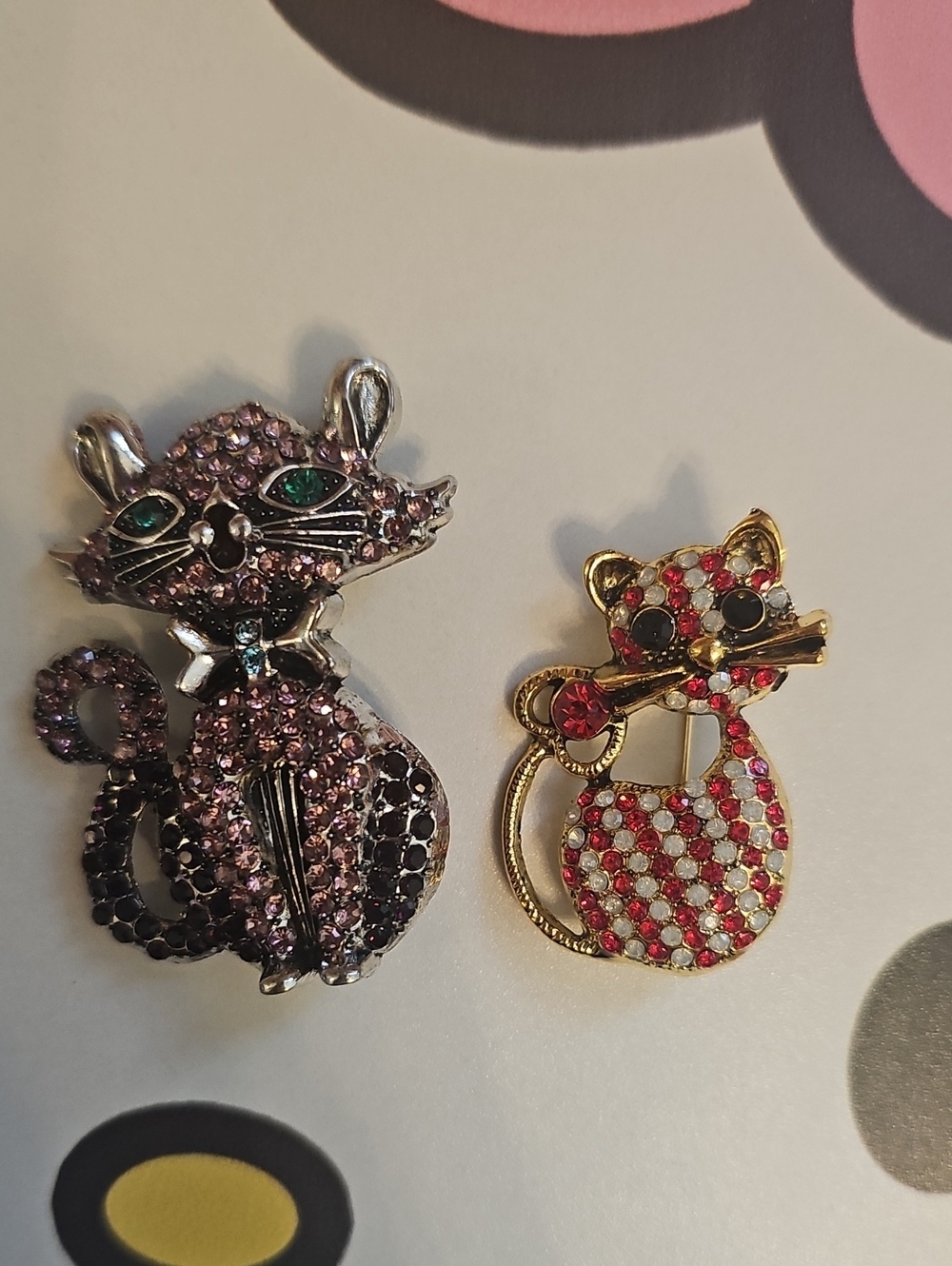 Cats Brooch Multicolored Rhinestones Kitty Cat 2pc Bundle
